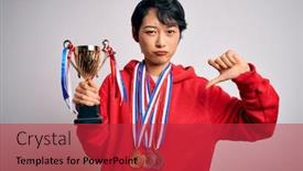  Presentation with trophy - Cool new slide deck with young-beautiful-asian-girl-winner backdrop and a red colored foreground