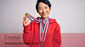  Presentation with winner - PPT theme featuring young-beautiful-asian-girl-winner background and a red colored foreground