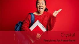  Presentation with asian - Colorful slides enhanced with young-beautiful-asian-student-woman backdrop and a crimson colored foreground