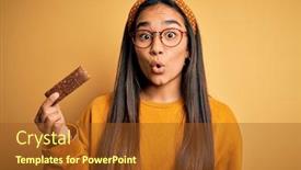  Presentation with protein bar - Beautiful PPT theme featuring young-beautiful-asian-woman-eating backdrop and a tawny brown colored foreground