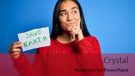  Presentation with save earth - PPT theme featuring young-beautiful-asian-woman-holding background and a crimson colored foreground