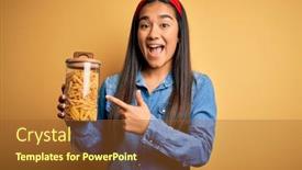  Presentation with macaroni - Cool new slide deck with young-beautiful-asian-woman-holding backdrop and a tawny brown colored foreground