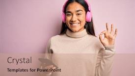  Presentation with listening woman - Audience pleasing presentation theme consisting of young-beautiful-asian-woman-listening backdrop and a coral colored foreground