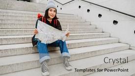  Presentation with asian map - PPT theme having young-beautiful-asian-woman-tourist background and a light gray colored foreground