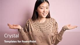  Presentation with human hands open palm up - PPT theme consisting of young-beautiful-asian-woman-wearing background and a coral colored foreground