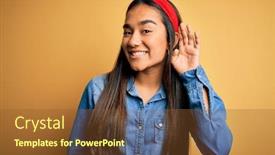  Presentation with listening woman - PPT theme with young-beautiful-asian-woman-wearing background and a tawny brown colored foreground