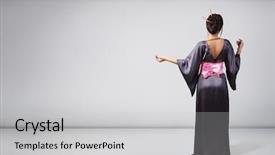  Presentation with kimono - PPT theme having young beautiful asian woman in kimono full length portrait studio shot background and a light gray colored foreground