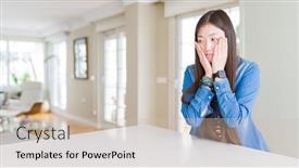  Presentation with sadness - Colorful presentation theme enhanced with young beautiful asian woman with long hair wearing denim jacket tired hands covering face depression and sadness upset and irritated for problem backdrop and a soft green colored foreground