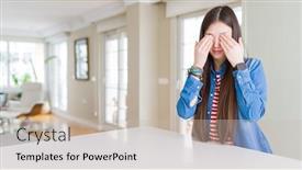  Presentation with vision - Presentation theme having young beautiful asian woman with long hair wearing denim jacket rubbing eyes for fatigue and headache sleepy and tired expression vision problem background and a soft green colored foreground