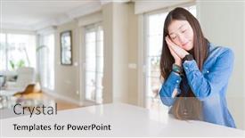  Presentation with denim - Slide deck having young beautiful asian woman with long hair wearing denim jacket sleeping tired dreaming and posing with hands together while smiling with closed eyes background and a soft green colored foreground