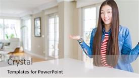 Presentation with comparison - Slide deck with young beautiful asian woman with long hair wearing denim jacket smiling showing both hands open palms presenting and advertising comparison and balance background and a soft green colored foreground