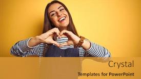  Presentation with love heart - Presentation theme with young beautiful baker woman wearing apron standing over isolated yellow background smiling in love showing heart symbol and shape with hands romantic concept background and a gold colored foreground