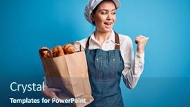  Presentation with paper bag - PPT layouts with young-beautiful-baker-woman background and a ocean colored foreground