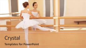  Presentation with ballerina - PPT theme having young beautiful ballerina in white tutu training in dance hall background and a coral colored foreground
