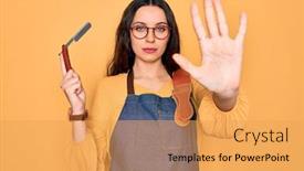  Presentation with blade - Cool new PPT theme with young-beautiful-barber-woman-wearing backdrop and a yellow colored foreground