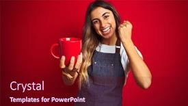  Presentation with apron - Presentation theme consisting of young beautiful barista woman wearing apron over red isolated background screaming proud and celebrating victory and success very excited cheering emotion background and a wine colored foreground