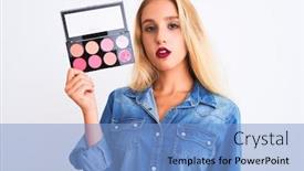  Presentation with makeup - Presentation design enhanced with young beautiful blond woman holding makeup standing over isolated white background with a confident expression on smart face thinking serious background and a light blue colored foreground