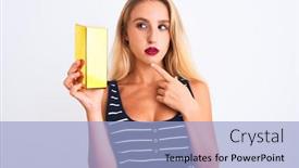  Presentation with white gold - PPT theme having young-beautiful-blond-woman-holding background and a light blue colored foreground