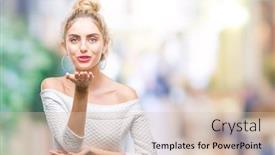  Presentation with kiss - PPT theme with young beautiful blonde and blue eyes woman over isolated background looking at the camera blowing a kiss with hand on air being lovely and sexy love expression background and a soft green colored foreground