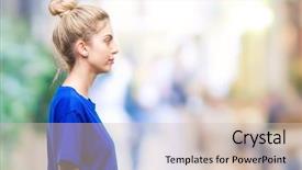  Presentation with blue eyes - Presentation design having young beautiful blonde and blue background and a soft green colored foreground