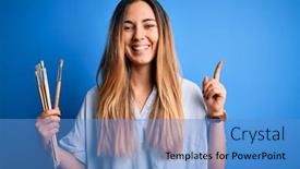  Presentation with artist - Amazing PPT theme having young-beautiful-blonde-artist-woman backdrop and a teal colored foreground