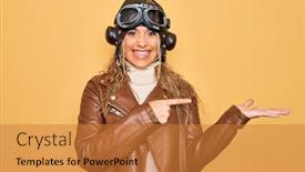  Presentation with pilot - PPT theme with young-beautiful-blonde-aviator-woman background and a gold colored foreground