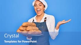  Presentation with blue eyes - PPT theme with young-beautiful-blonde-baker-woman background and a teal colored foreground