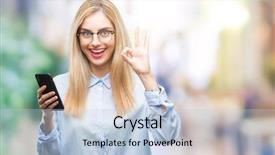  Presentation with symbol - PPT theme enhanced with young beautiful blonde business woman background and a light blue colored foreground