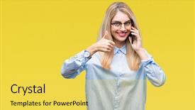  Presentation with young business woman smile show - Cool new slide deck with young beautiful blonde business woman backdrop and a yellow colored foreground