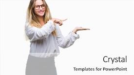  Presentation with finger - Colorful slide set enhanced with young beautiful blonde business woman backdrop and a white colored foreground