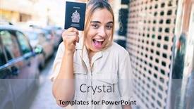  Presentation with passport - Presentation theme featuring young-beautiful-blonde-caucasian-woman background and a light blue colored foreground