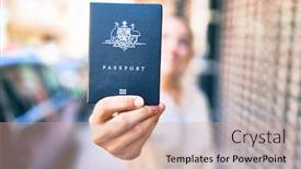  Presentation with australia - Amazing PPT theme having young-beautiful-blonde-caucasian-woman backdrop and a coral colored foreground