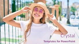  Presentation with outdoors - Presentation design with young-beautiful-blonde-caucasian-woman background and a sky blue colored foreground