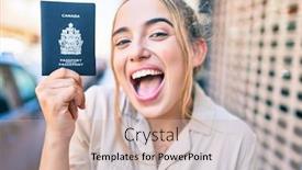  Presentation with passport - PPT theme with young-beautiful-blonde-caucasian-woman background and a soft green colored foreground