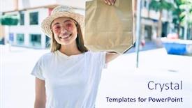  Presentation with paper bag - Colorful PPT theme enhanced with young-beautiful-blonde-caucasian-woman backdrop and a sky blue colored foreground