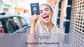  Presentation with passport - Colorful slide set enhanced with young-beautiful-blonde-caucasian-woman backdrop and a light gray colored foreground