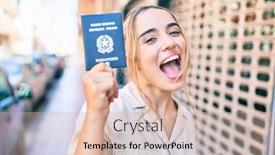  Presentation with passport - Beautiful presentation design featuring young-beautiful-blonde-caucasian-woman backdrop and a soft green colored foreground