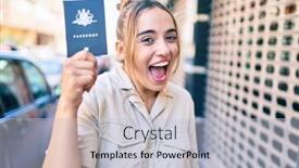  Presentation with passport - Colorful presentation theme enhanced with young-beautiful-blonde-caucasian-woman backdrop and a light gray colored foreground