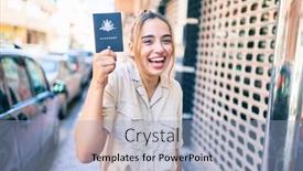  Presentation with beautiful young woman getting face - PPT layouts with young-beautiful-blonde-caucasian-woman background and a light blue colored foreground