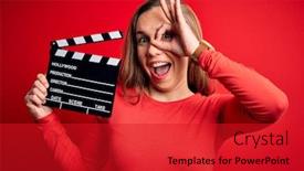  Presentation with clapboard - PPT theme featuring young-beautiful-blonde-clapper-woman background and a crimson colored foreground