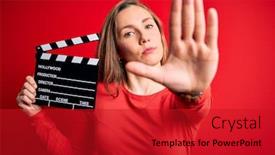  Presentation with clapper - Amazing PPT theme having young-beautiful-blonde-clapper-woman backdrop and a crimson colored foreground