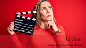  Presentation with clapboard - Audience pleasing presentation design consisting of young-beautiful-blonde-clapper-woman backdrop and a red colored foreground