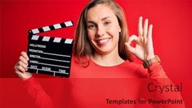  Presentation with clapboard - Cool new PPT layouts with young-beautiful-blonde-clapper-woman backdrop and a red colored foreground