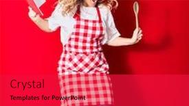  Presentation with recipe book - Slide set with young-beautiful-blonde-cook-woman background and a red colored foreground