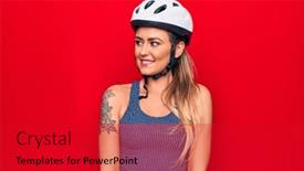  Presentation with cyclist - Slide deck with young-beautiful-blonde-cyclist-woman background and a crimson colored foreground