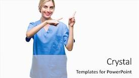  Presentation with helping others two hands woman - PPT layouts consisting of young beautiful blonde doctor surgeon background and a  colored foreground