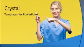  Presentation with helping others two hands woman - Slide deck having young beautiful blonde doctor surgeon background and a  colored foreground