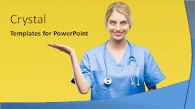  Presentation with hand surgeon - Amazing slide set having young beautiful blonde doctor surgeon nurse woman over isolated background smiling cheerful presenting and pointing with palm of hand looking at the camera backdrop and a yellow colored foreground