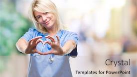  Presentation with medical heart - Slide deck consisting of young beautiful blonde doctor woman wearing medical uniform over isolated background smiling in love showing heart symbol and shape with hands romantic concept background and a soft green colored foreground