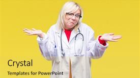  Presentation with medical concept - Theme with young beautiful blonde doctor woman background and a  colored foreground